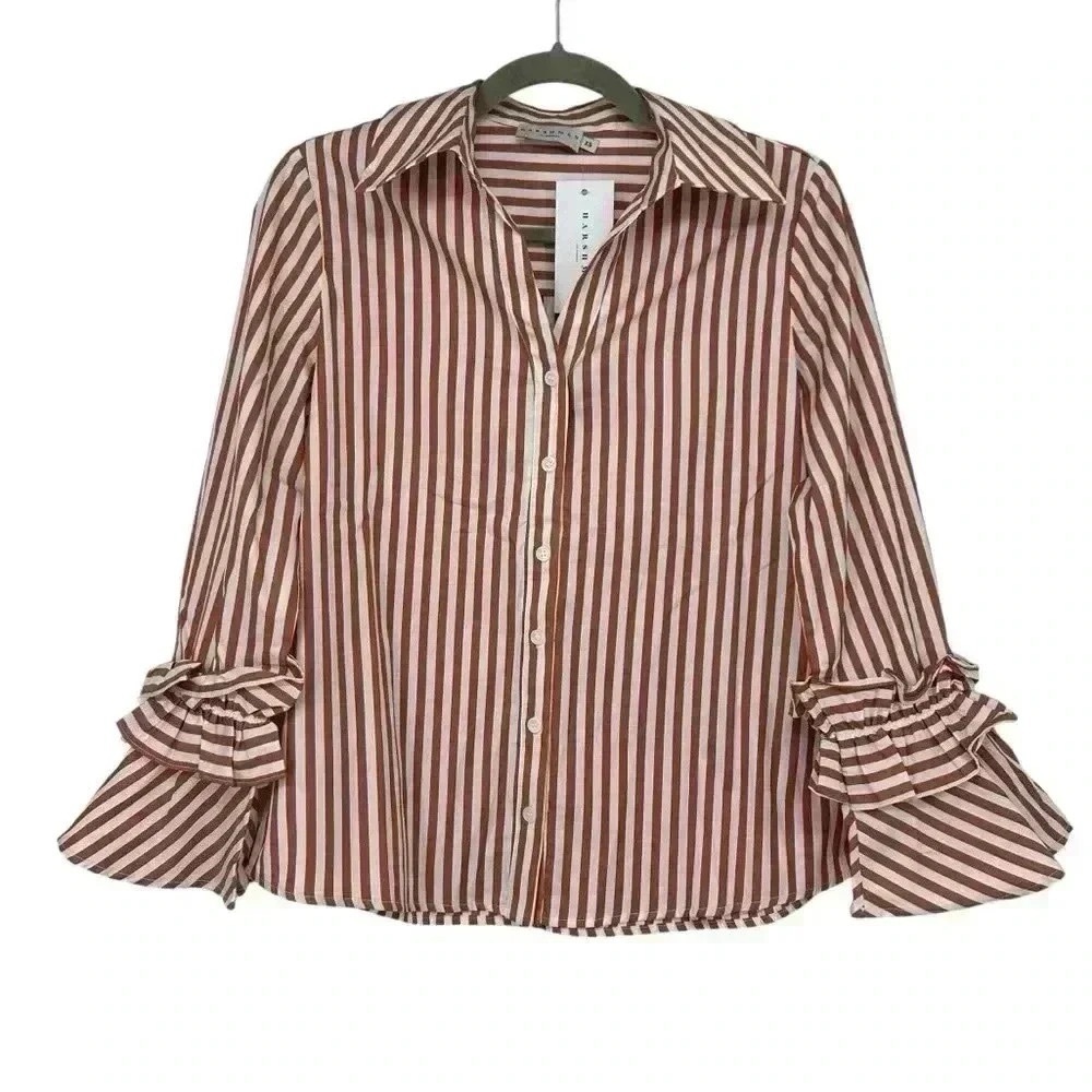 HARSHMAN SHIRT WOMEN’S XS BROWN STRIPED BUTTON DOWN FLARED SLEEVE COTTON NWT - Picture 10 of 13